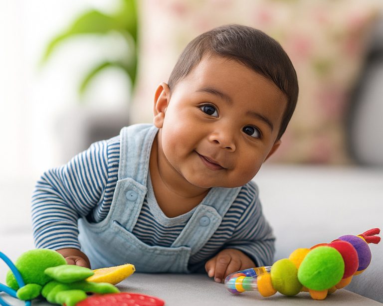 En PractiKids, bebé jugando con elemento de colores para estimular su atención con su entorno.
