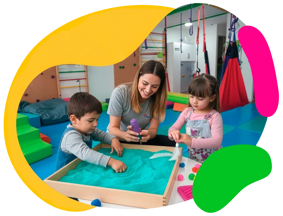 PractiKids, niños en terapia sensoriomotora infantil con un experto, potenciando sus habilidades de aprendizaje.